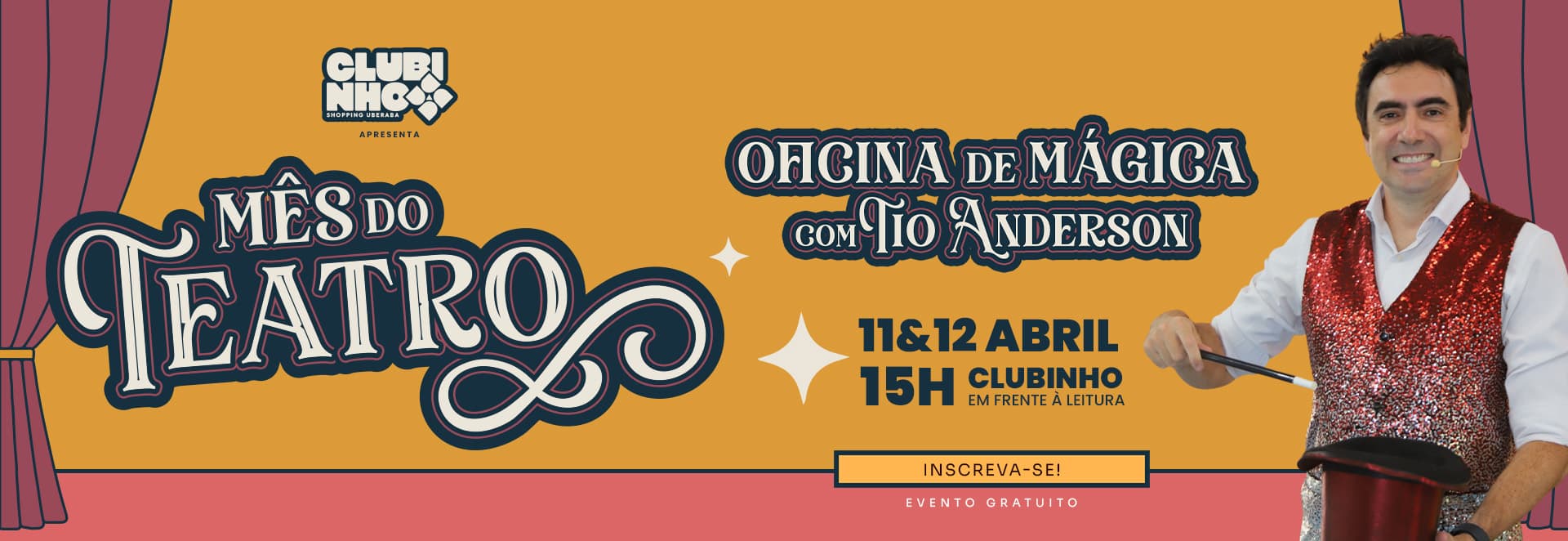 Banner do evento CLUBINHO - Oficina de Mágica